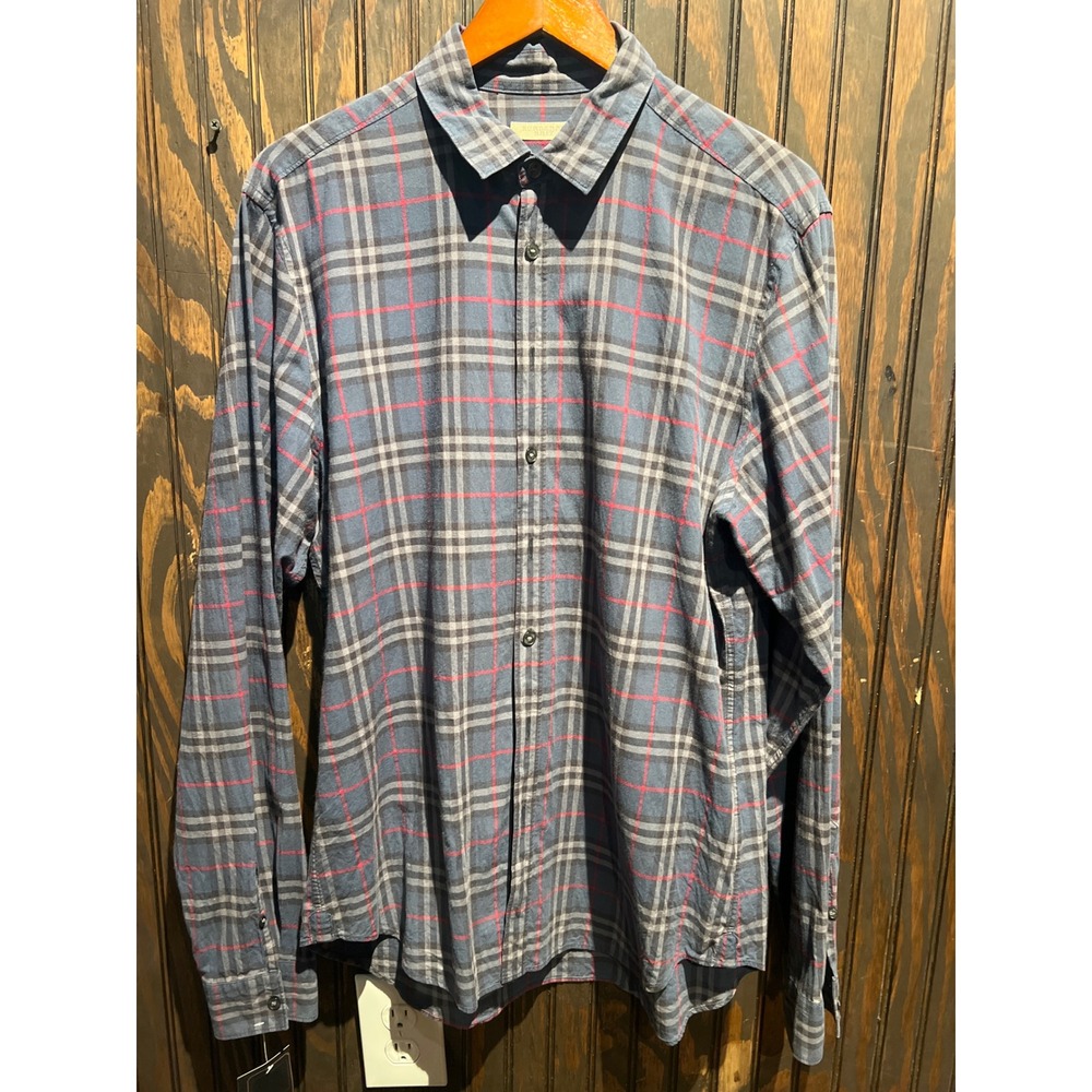 Burberry Brit Mens Long Sleeve Plaid Button Down Shirt Navy Blue Red Grey XL